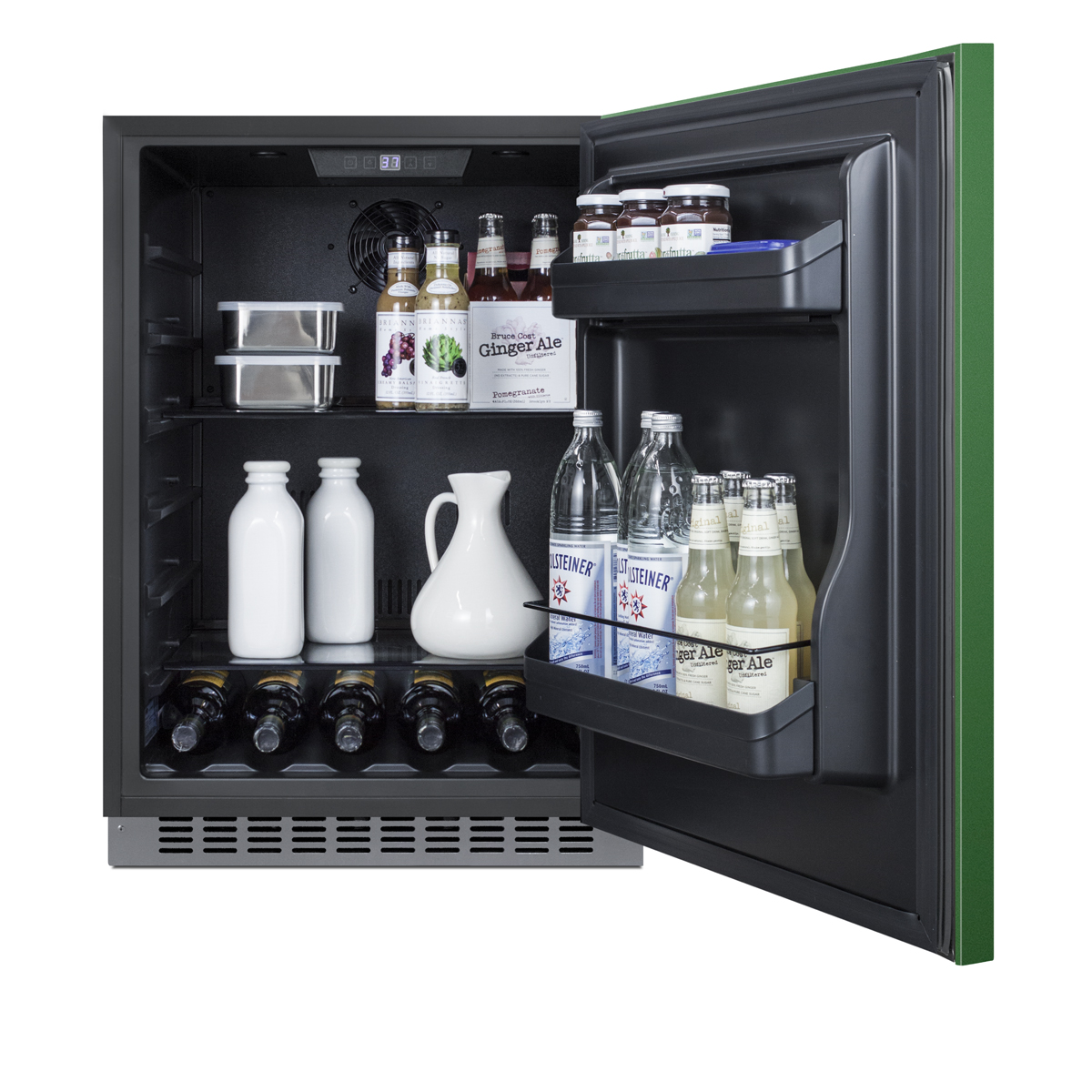 24 in. wide built-in undercounter ADA compliant all-refrigerator with emerald green door, stainless steel handle and kickplate, and black cabinet